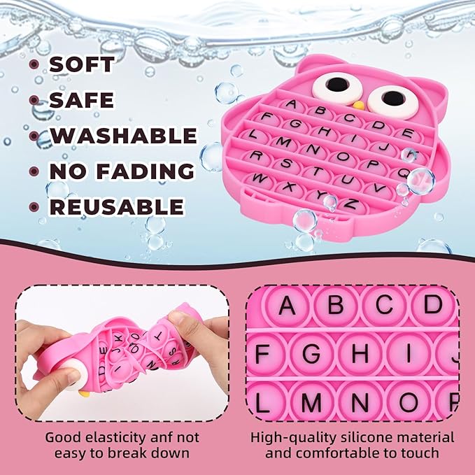 Fidget Toys for Kids, Owl Shaped Silicone Squeeze Sensory Toys, Alphabet Bubble Stress Anxiety Relief Relax Tools for Kids Adults School Classroom Gift Party Favors (Rose red)