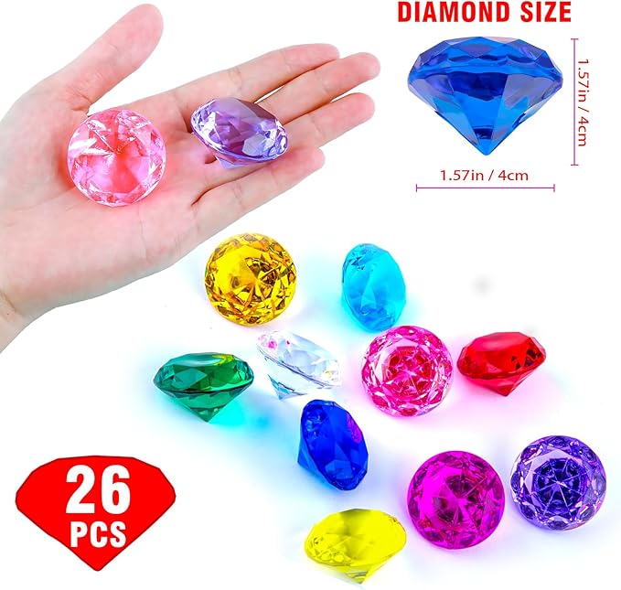Niceup 26PCS Navy Blue Fake Diamonds Big Gem Toys, 1.5in Pool Diving Gems Acrylic Plastic Gemstones for Kids, Party Décor Jewels Treasure Hunt Hiding Sensory Bin Filler Toys Craft Supplies