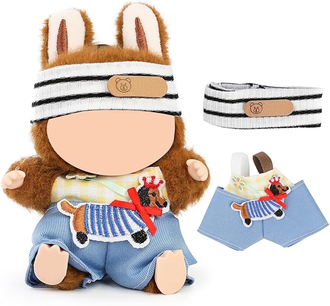 Doll Clothes for Labubu(NO Doll), for 17/15cm Plush Dolls, Clothing Suit Toy Figurine Outfit Set Dress Up with Kawaii Style Accessories, Multicolour Overall and Cute Hat or Headwear (LB103)