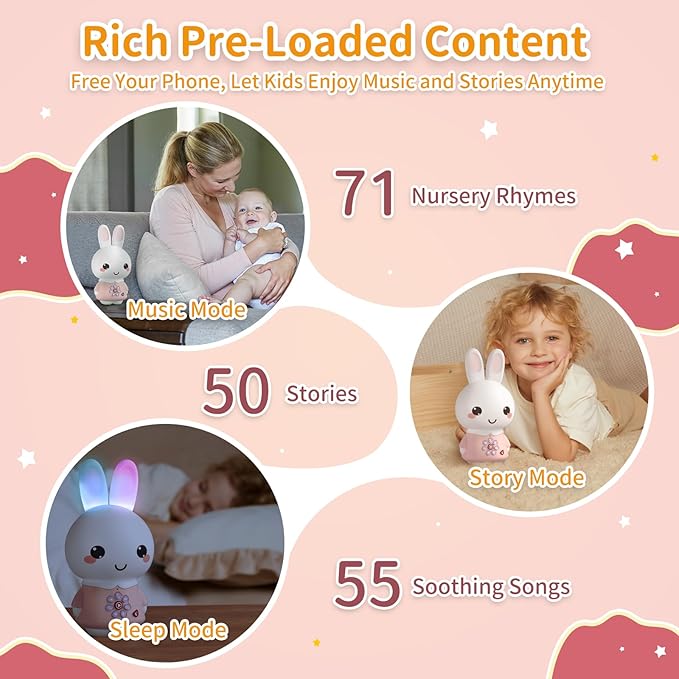 alilo Honey Bunny Pro, Kids Music Player with Night Light, Bluetooth, Recorder, Preloaded 71 Nursery Rhymes, 50 Stories, 55 Soothing Music, Storytelling Toys Gifts for Toddlers Baby Boy Girl,Pink