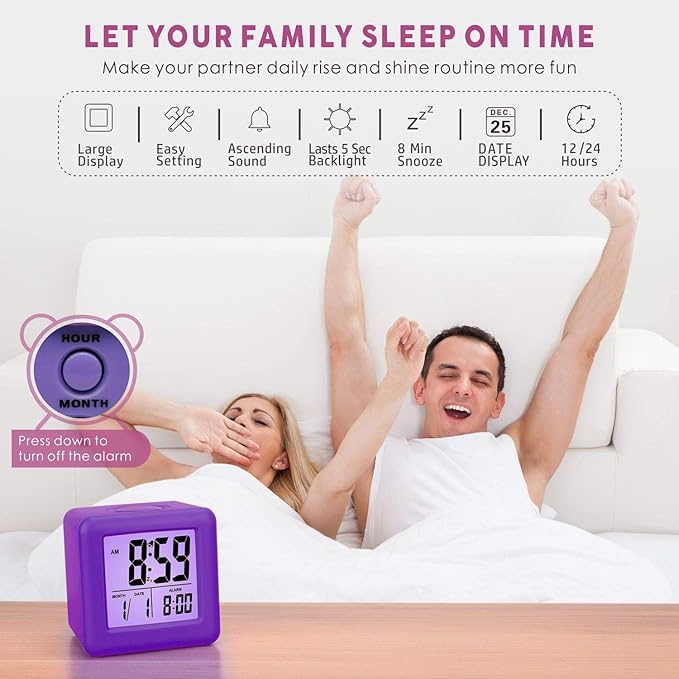 Plumeet Digital Alarm Clock for Kids with Snooze and Nightlight - Easy Setting Silicone Display Time, Date - Loud for Bedroom - Battery Powered (Purple)
