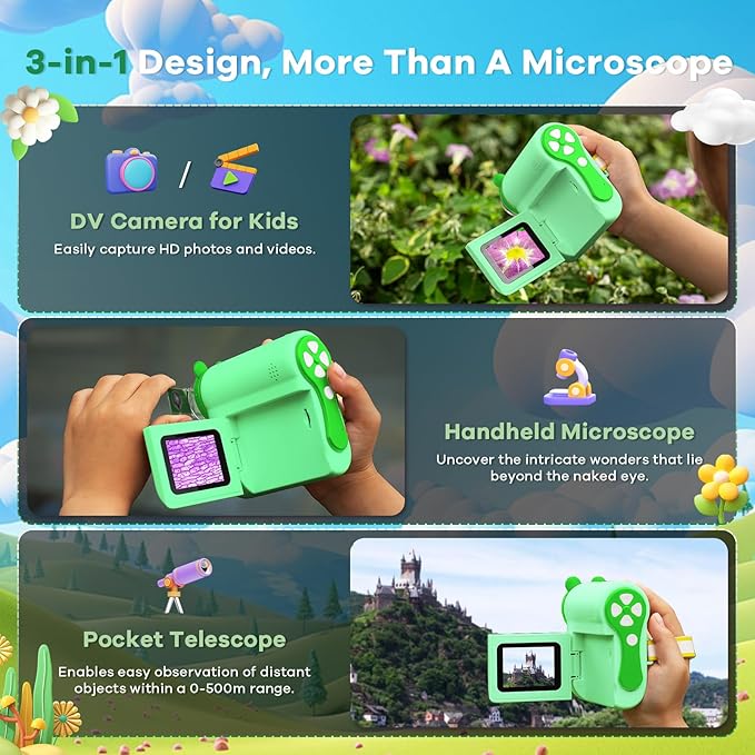 HP60 IPS Microscope for Kids: [Auto On & Off] [3-in-1] 2" Portable Handheld Microscope Miniscope, Pocket Mini Scope Educational Science Kit, Christmas Birthday Gifts for Kids, PC View, Green