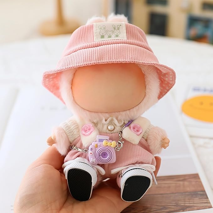 Clothes for Dolls Accessories (No Doll), Cute Outfit Set 5 Pieces Bib Pants for 15 & 17cm Doll Suit, Stylish Dress Up Overalls Doll Clothing Set Replacement with Hat Clothes Shoes Pink
