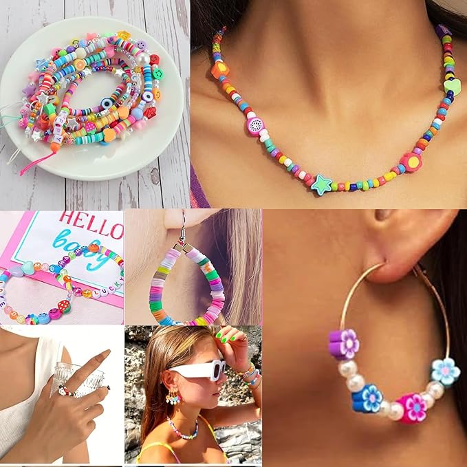 Bracelet Making kit, 1000pcs Polymer Clay Beads Bracelet Making kit, 24 Styles Fruit, Flower, Cake, Butterfly, Necklace, Earrings, DIY Bracelet Making kit Accessories for Women