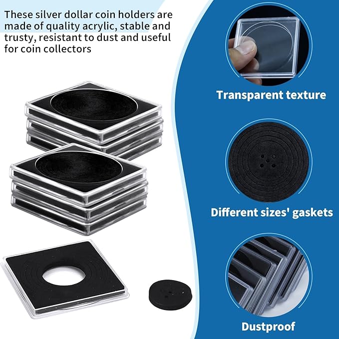 20 Pcs Adjustable Acrylic Coin Collection Cases with Sponges, Coin Snap Holder, Silver Dollar Protection Cases for Collectors, Coin Dollar Collection Supplies(20mm-40mm)