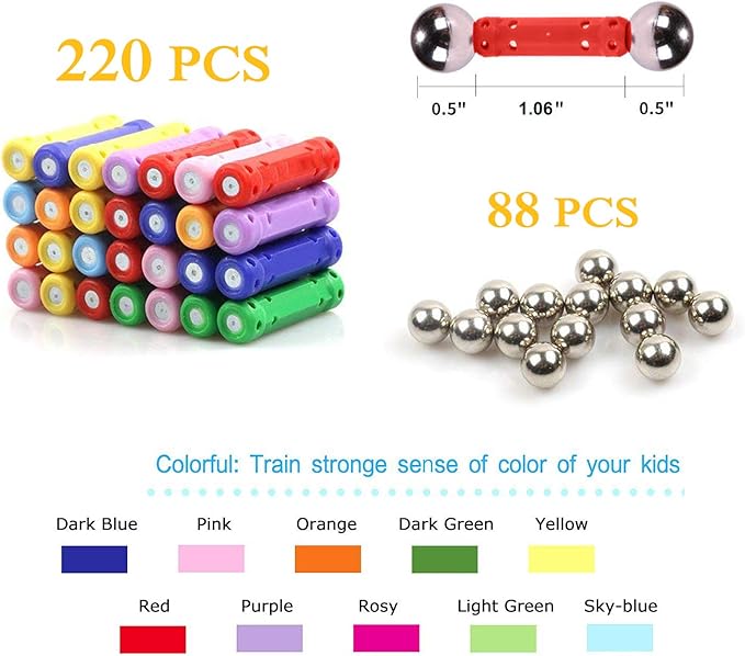 308Pcs Magnetic Building Sticks Blocks, Magnet Educational Toys STEM Toys for Kids and Adult, 3D Construction Building Toy with Storage Bag