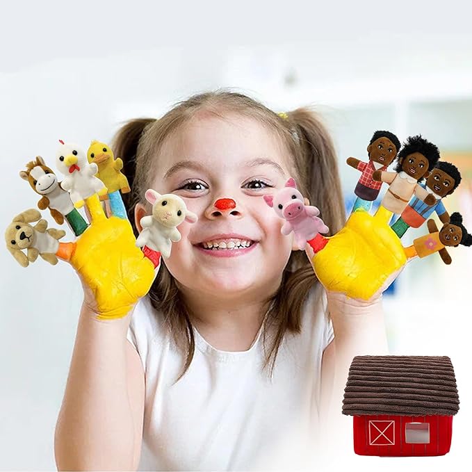 11 Pcs Finger Puppets Set Mini Toys, Soft Plush Animal Finger Puppet for Kids Mini Stuffed Animals with Farm House, Family Finger Puppets for Toddlers Storytelling Role-Playing Christmas School