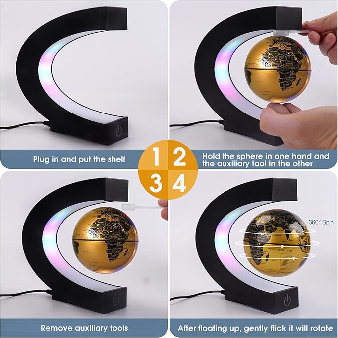 Floating Globe with Colored LED Lights C Shape Anti Gravity Magnetic Levitation Rotating World Map with Touch Switch for Gift Home Office Desk Decoration With Switch (Gold)