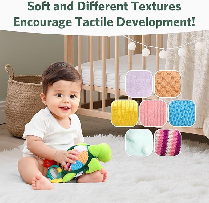 Turtle Baby Sensory Toy, Flip Scales & Multi-Textured Belly Montessori Activity Toy with Rattle Squeaker Teethers, Tummy Time/Crib/Stroller Toy,Educational Toy for 0-3 Years Newborn to Toddler