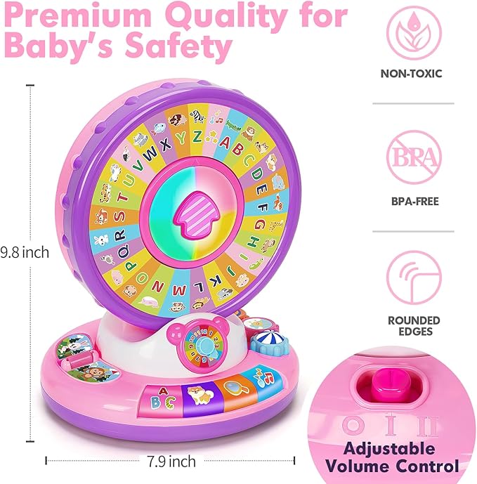 Learning Toy for 1 Year Old Girls, Interactive Spin and Sing Musical Toys for Toddler 12-18 Months, Learning Games with Alphabet and Animals Sounds, Christmas Birthday Gifts for Baby Ages 1-3