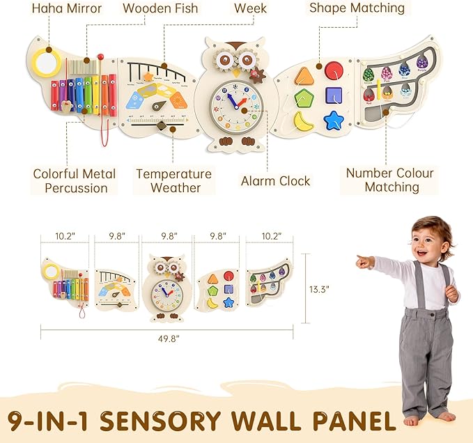 Sensory Wall Panel for Kids - Owl Wall Toys for Toddlers 1-3, Montessori Activity Wall Busy Board Toys, Activity Board for Kids, Activity Center & Sensory Room