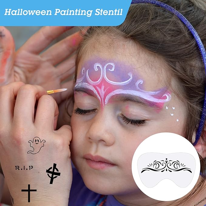 Fainne 68 Pcs Face Paint Stencils Kit, 48 Reusable Facial Painting Stencils with 10 Stickers 10 Painting Brushes Plastic Tattoo Templates for Halloween Party Makeup DIY Drawing Art(Weird Style)