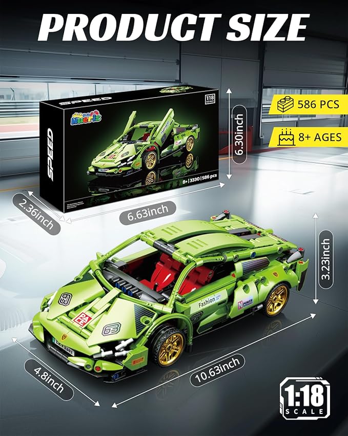 1:18 Technic Super Sports Cars Model Sets - 586 PCS Green MOC Building Block Car Raceing Engineering Toys - Gift Idea for Adults Boys Girls for Play and Display Collection