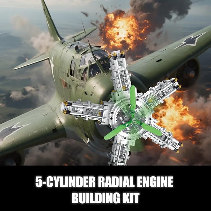 5-Cylinder Radial Engine Building Set, Build Your Own Mini Military Plane Engine Model Kit That Runs, Compatible with Lego WW2, STEM Toy Gifts for Adults & Kids Boys 8-14 (863 PCS)