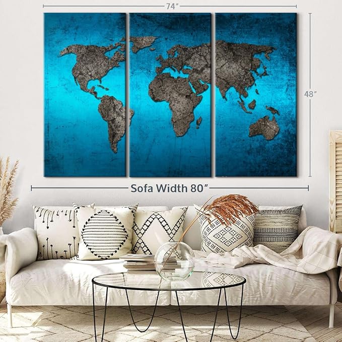 ElephantStock Ocean World Map Multi Piece Canvas - 3 Panel Wall Decor - Map of the World Art - Canvas for the Office and Home - 74" X 48"