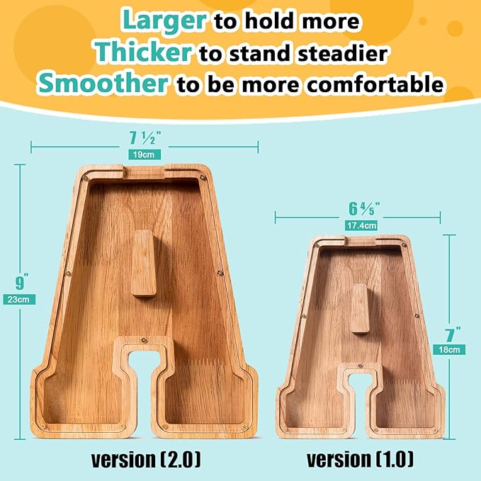 SummiDate Wooden Letter Piggy Bank for Kids| Piggy Bank for Boys Girls Toddler| Alphabet A Money Bank| Wood Coin Bank Personalized Birthday Easter Gifts for Kids (A)