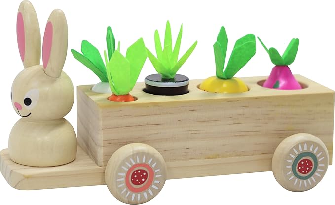 Adventure Awaits! Wooden Rabbit Pull Cart Farm Toy with Removeable Vegetables for Toddlers | Kids Montessori Easter Bunny Shape Sorting Car