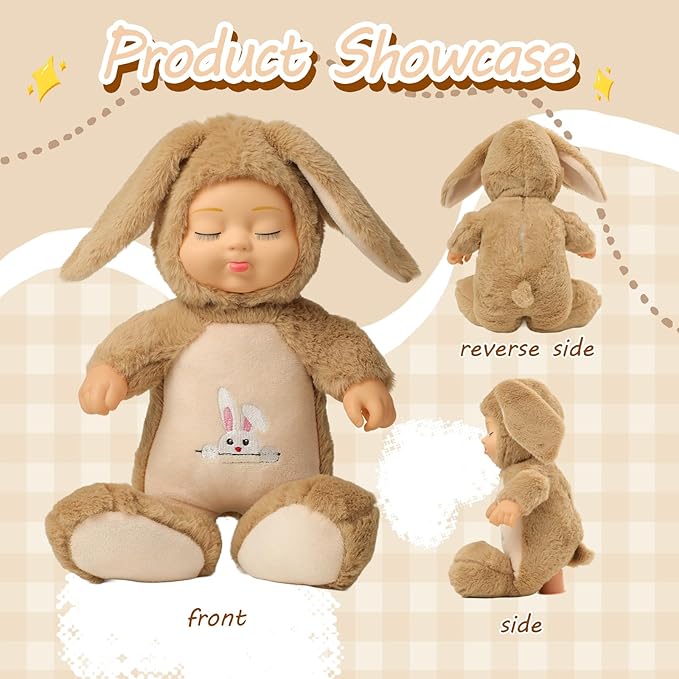 Plush Animal Toys,Interactive Singing Plush Rabbit Doll,14in soft plush closed eye sleeping newborn baby doll,with interactive music box that sings,removable hat.suitable for children aged 3+.