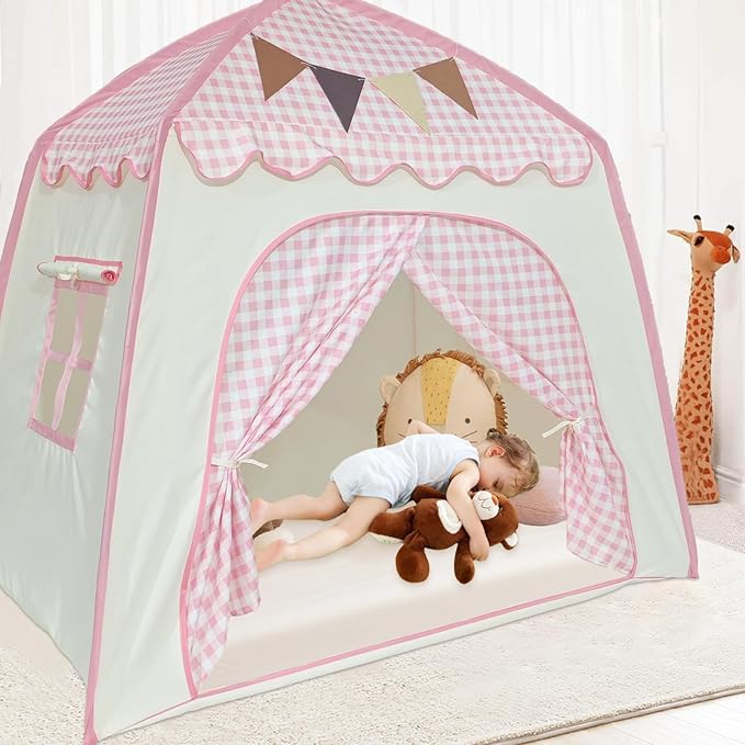 Toddler Bed Tent, Kids Play Tent with Flags, Star String, Portable Bed Canopy for Boys & Girls, Children, Indoor Outdoor Dome Playhouse, Pink Plaid, 51" x 39" x 51"