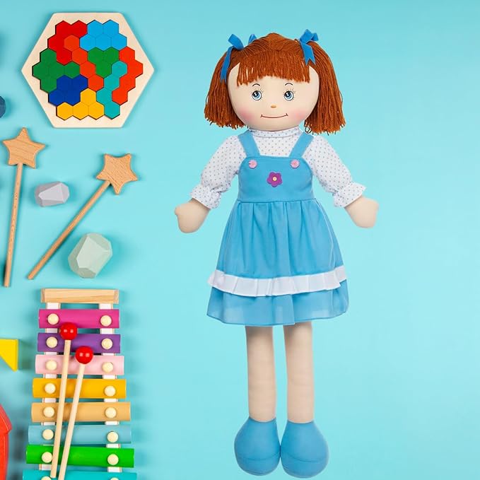 LOVE & HUG 36" Huggable Soft Doll with Blue Dress and Soft Yarn Hair