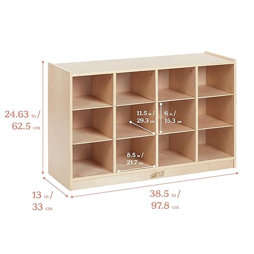 ECR4Kids 12 Cubby Mobile Tray Cabinet with 15 Scoop Front Storage Bins, 3x4, Natural, Classroom Furniture, Assorted