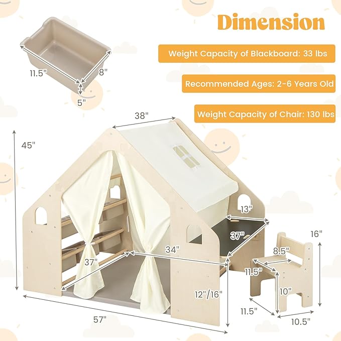 Costzon Large Kids Tent, 6-in-1 Wooden Frame Play House with Table and Chair Set, Blackboard, 6 Storage Bins & Soft Floor Mat, Indoor Playhouse for Boys Girls Aged 2-6 Years Old