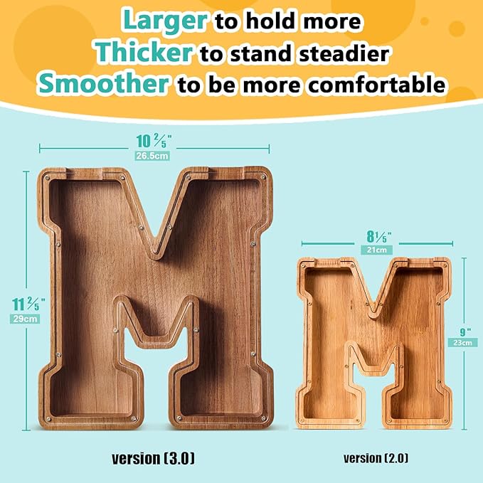 Summidate Large Wooden Piggy Bank for Kids Adults, Alphabets Letter A-Z Piggy Bank for Boys Girls, Coins Bills Change Bank Box Personalized Initial Name Kids Money Bank for Birthday Present and Decor