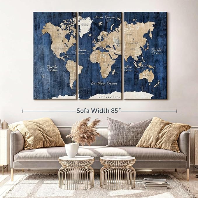 ElephantStock Aged Blue World Map II Canvas - 3 Panel Wall Decor - World Map Digital Art - Blue Wall Art - 74" X 48"