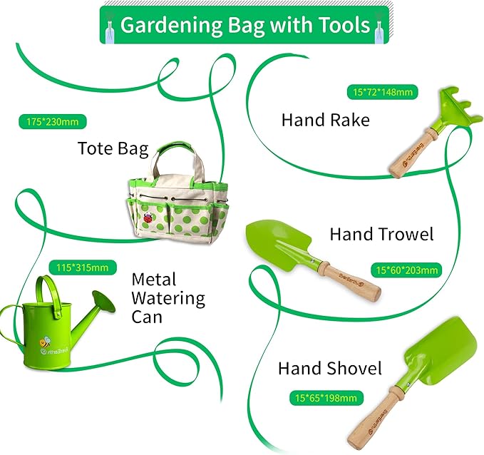Kids Metal Gardening Tools Set, Childrens Gardening Tool Kit with Canvas Tote Bag and Metal Watering Can, Metal Hand Rake, Trowel and Shovel, FSC Certified Wood