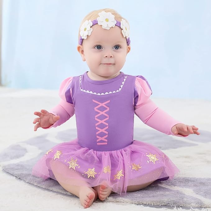 Dressy Daisy Princess Onesie Romper Fancy Dress Costume Halloween Birthday Bodysuit Outfit with Headband for Infant Baby Girl