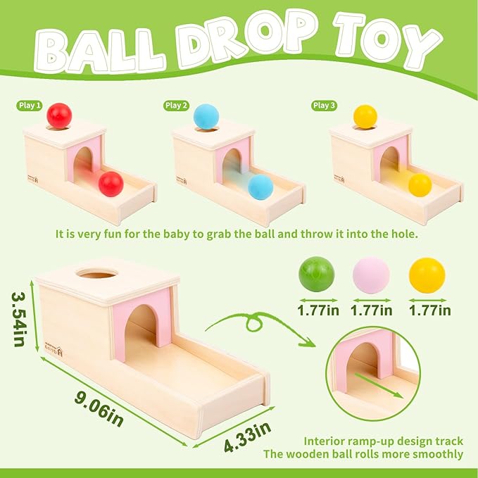Adena Montessori Object Permanence Box with Tray Three Balls Montessori Toys for 6-12 Months Baby 1 Year Old Infant Toddler (Small Box - for Girl)