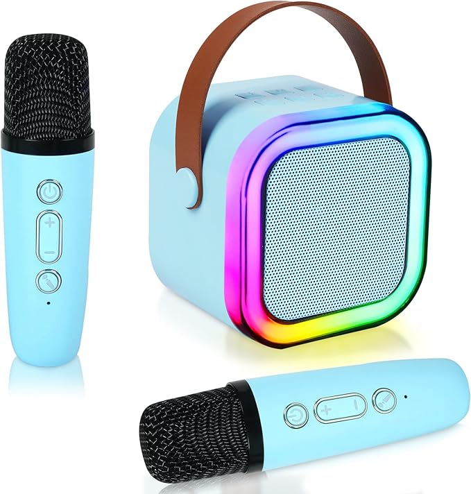 Mini Karaoke Machine for Kids Adults, Portable Bluetooth Karaoke Speaker with 2 Wireless Microphone and Lights Toys for 4, 5, 6, 7, 8, 9,10 Year Old Boys and Girls for Birthday (Blue)