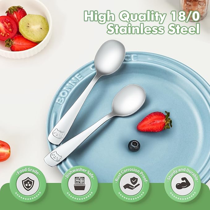 DRKIO Stainless Steel Toddler Spoons Set - 6 Pieces Kids Spoons Set Children Safe Food Grade Kids Silverware Small Spoon Metal Toddler Utensils Dishwasher Safe Mirror Polished