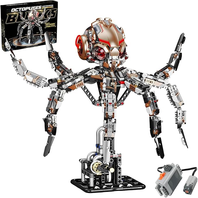 Mechanical Octopus Building Set for Adults with Motor Set - 1900 Pcs,Sea Animal Model Toy Compatible with Lego Octopus,Static and Dynamic Octopuses That Can Be Manually and Automatically Controlled