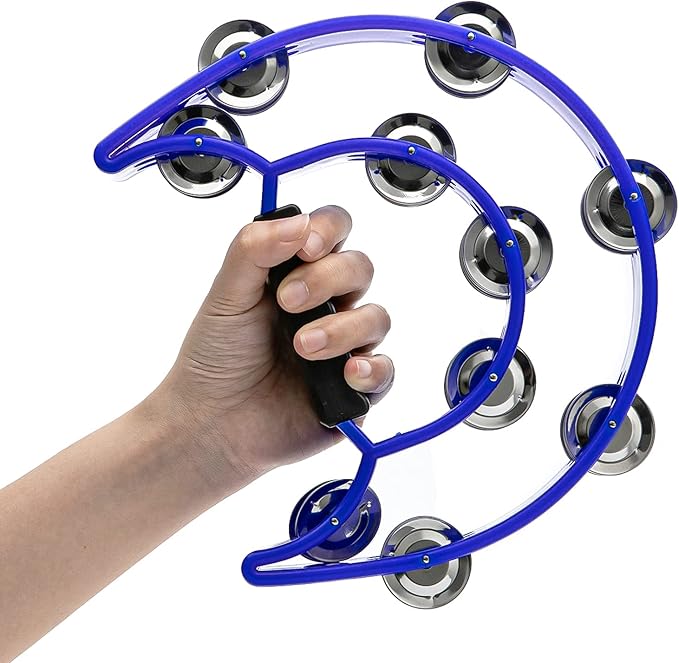 Musfunny Tambourine Double Row Metal Jingles Hand Held Percussion Tambourines Half-Moon Musical Instrument for Adults, Church, KTV, Party (Blue)
