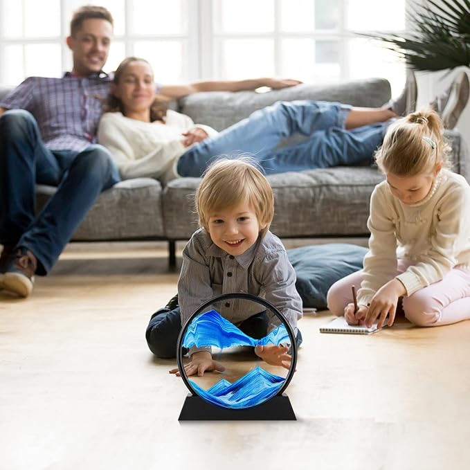 Moving Sand Art Picture - 3D Quicksand Painting Decor - Round Glass 3D Deep Sea Sandscape - Relaxing Home Decoration Desk Toys for Home Office Desk Mantle Bookshelf- (Blue, 7 in)