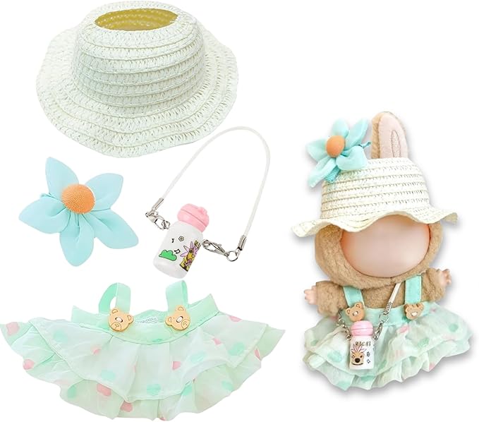 17cm Doll Clothes | Fashion Kawaii Chic Summer Set for Dolls | 4-Piece Outfit with Straw Weave Sun Hat, Floral Decor, Green Floral Dress & Mini Water Kettle (NO Doll)