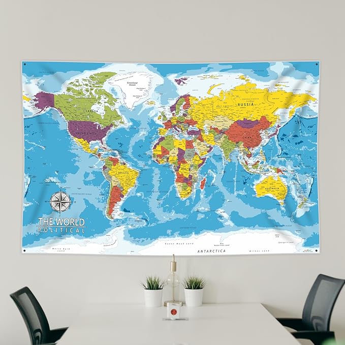PARTH IMPEX Large World Map for Wall - 36" x 56" Huge Educational Learning Poster for Classroom, Washable Fabric Tapestry, Aesthetic School Supplies, Hanging Banner for Travel Room Decor