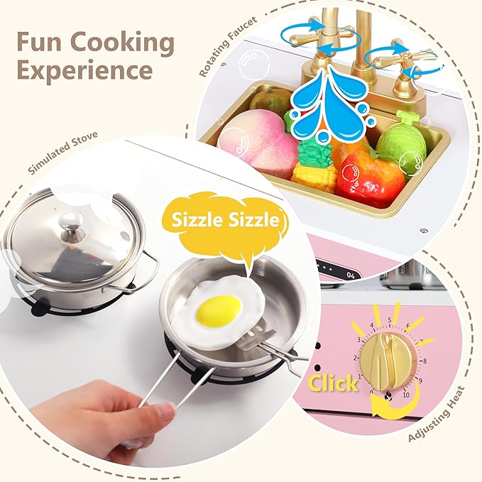 Kinder King Wooden Kids Play Kitchen, Toy Kitchen Playset for Toddler, Play Kitchen Set w/Blackboard, Transparent Coloring Board, Pretend Dishwasher, Oven, Ice Maker, Gift for Boys Girls Age 3+, Pink