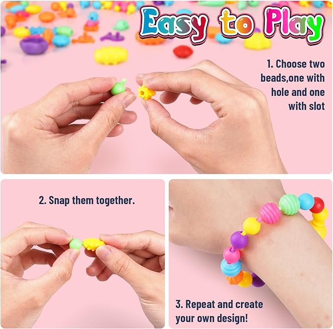 FUNZBO 650pcs Pop Beads - Jewelry Making Kit for 3 4 5 6 7 8 Year Old Little Girls, Arts and Crafts Toys for Kids, Necklace Bracelet Creativity Snap Set Top Best Christmas Birthday Gifts