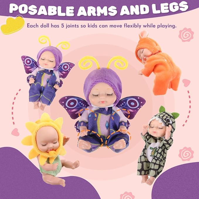 Hanaive 4 Pcs 4 Inch Mini Baby Dolls Lifelike Realistic Baby Dolls Animal Clothes Cute Tiny Gifts for Kids Birthday Party(Novelty Style)