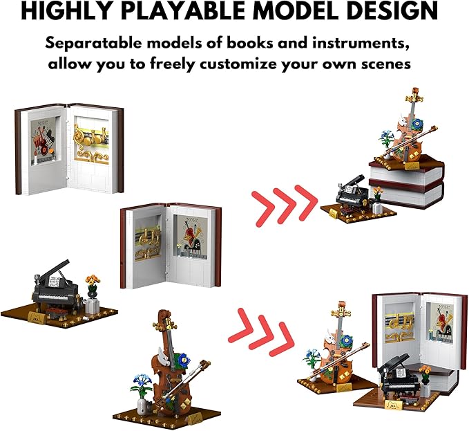 3 in 1 Music Themed Bookend Building Block Toy Set with LED Bricks, Creative Piano and Violin Building Bookstand Model, Home Décor Gift Ideas for Children and Adults (1520 pcs)