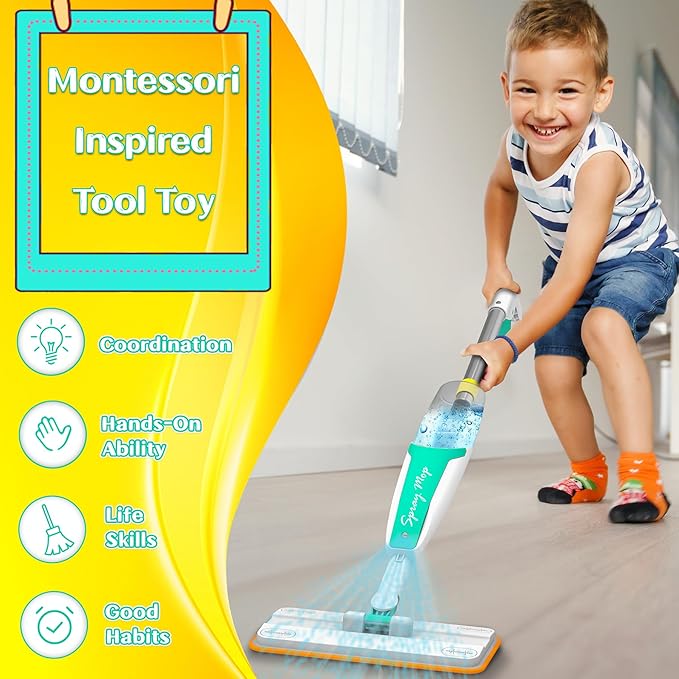 EP EXERCISE N PLAY Kids Spray Mop That Really Works - Toddler-Size Kids Cleaning Toy Set - Small Mop with Real Squeeze Water Sprayer - Mini Mops for 3 4 5 Years Old