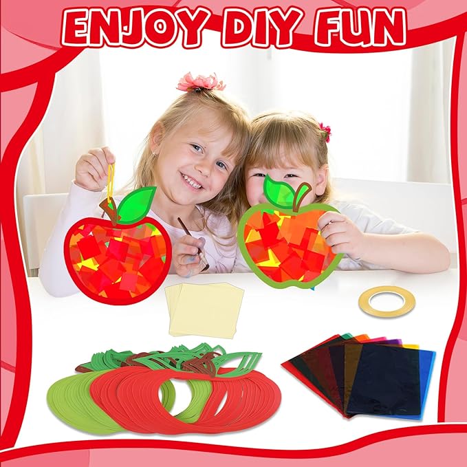 32 Sets Back to School Apple Suncatchers Craft Kit DIY Window Stained Glass Effect Colorful Apples Paper Crafts for Home School Classroom Decor Kid Birthday Gifts Creative Art Projects Activity Game