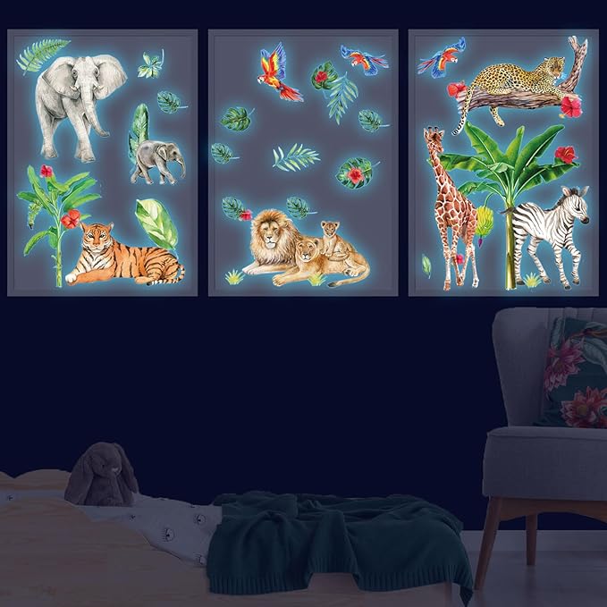 Glow in The Dark Jungle Animals Wall Decals,Glowing Luminous Safari Animals Wall Stickers Removable self-Adhesive Forest Tiger Elephant Palm Trees Decals for Boys Girls Bedroom Kids Nursery Decoration