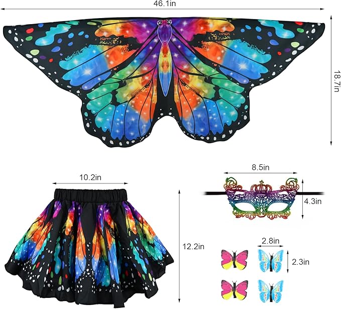 Butterfly Costume for Girls Fairy Wings Kids 4 Pcs(Cape,Skirts,Masks,Hair Clips) Butterfly Wings for Halloween Gifts