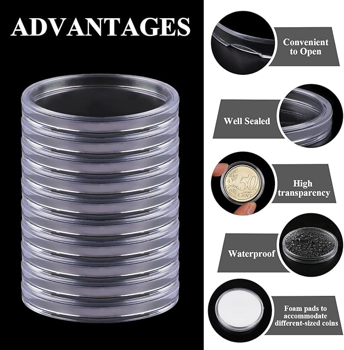 Utron 180P Clear Plastic Coin Capsules, Dollar Coin Holder, 40mm Silver Coin Storage for Collectors, Morgan Silver Dollar Coin Holders with Adjustable Gasket (17/20/25/27/30/33/38/40mm)