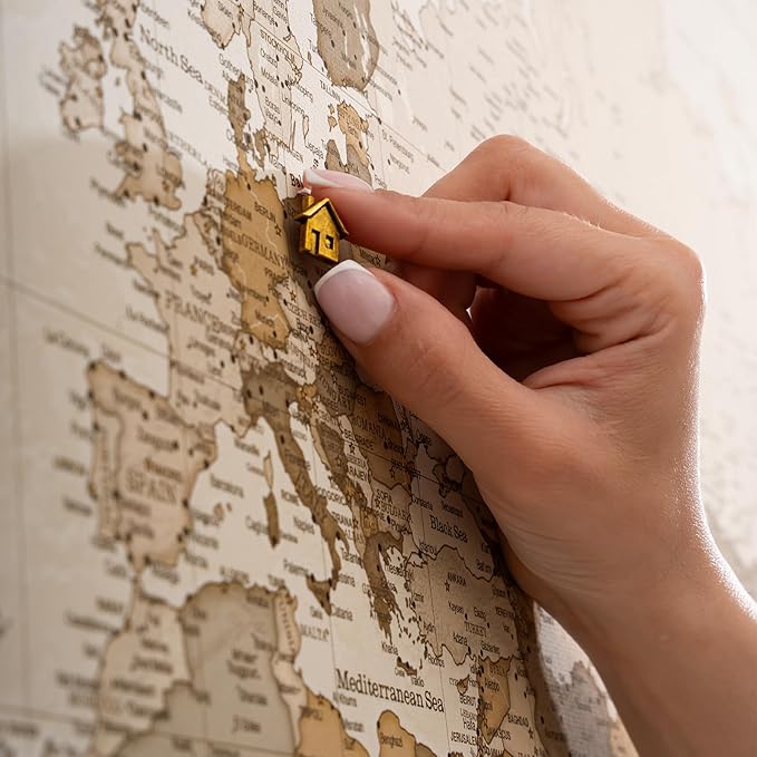 Canvas World Map with Cork Pin Board - English Lettering - Decorative Wall Decoration for All Rooms - Canvas Pictures with World Map Motif (120x80 cm, Pattern 8)