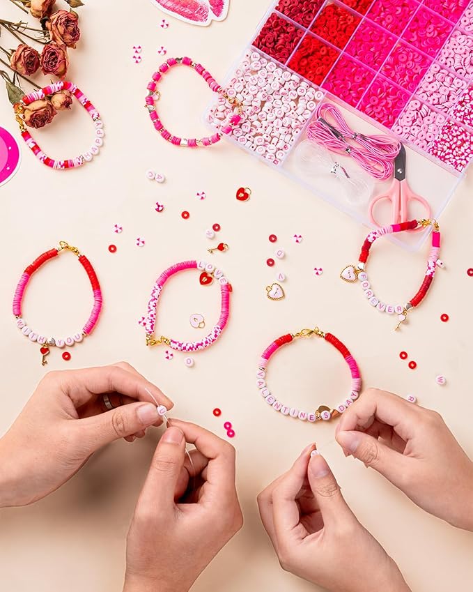 Goldwise Valentine's Day Friendship Bracelet Kit, Pink Beads, Jewelry Making Kit with 5 Kinds of Unique Pink Clay Beads, Letter Beads and Charms, GIFS for Fans, Couples and Best Friends