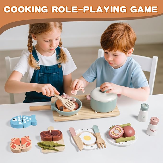 Wooden Play Kitchen Accessories Pretend Toy Pots and Pans Sets for Kids Kitchen Playset with Toy Stove Toddler Cooking Sets Food Toys for Toddlers 3-5 Gifts for Girls Boys (Wooden Cooking Set)